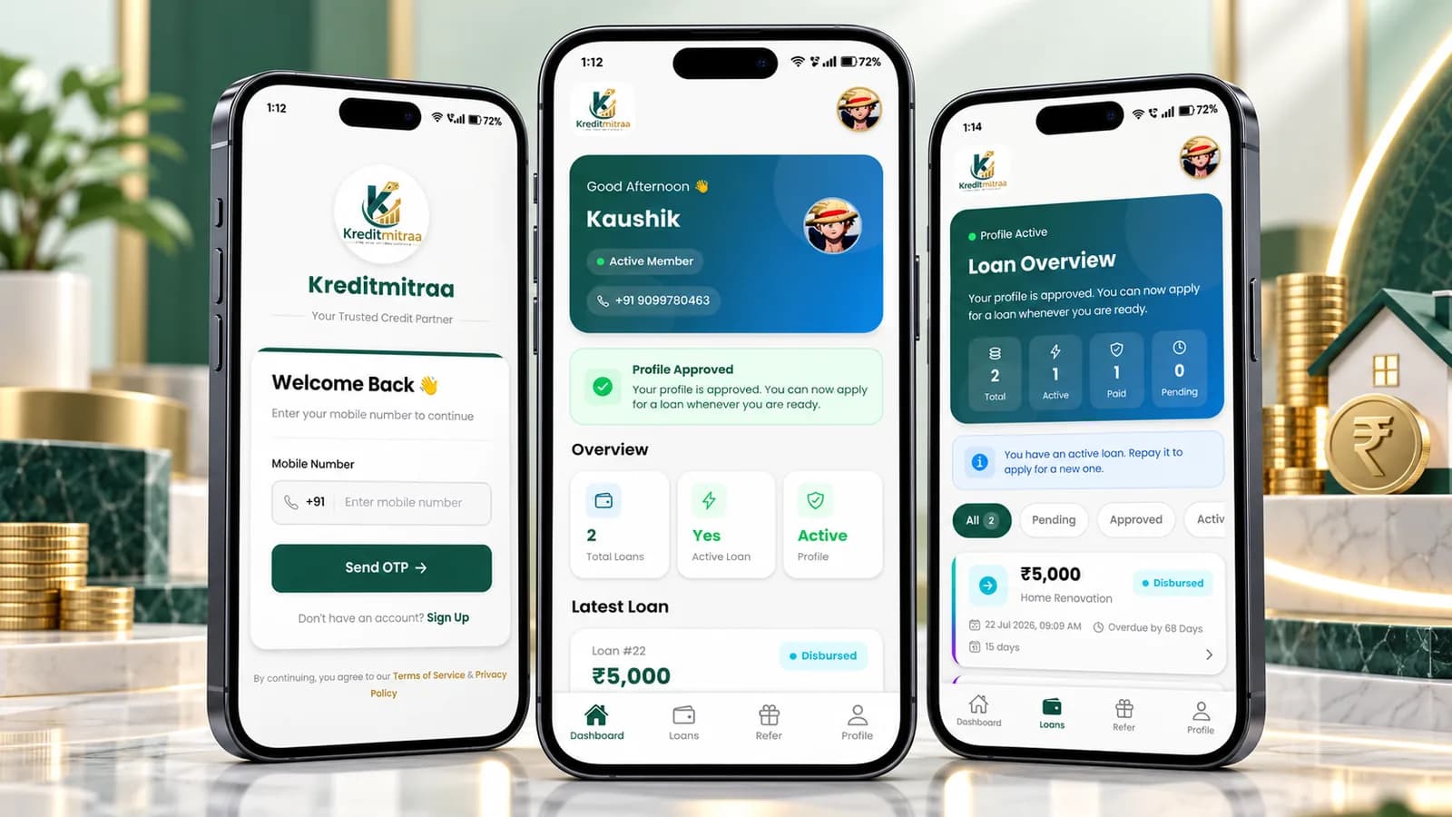 Kreditmitraa Mobile App — Short-Term Loan Dashboard, KYC Approval Gate, Repayment Desk & Referral Wallet